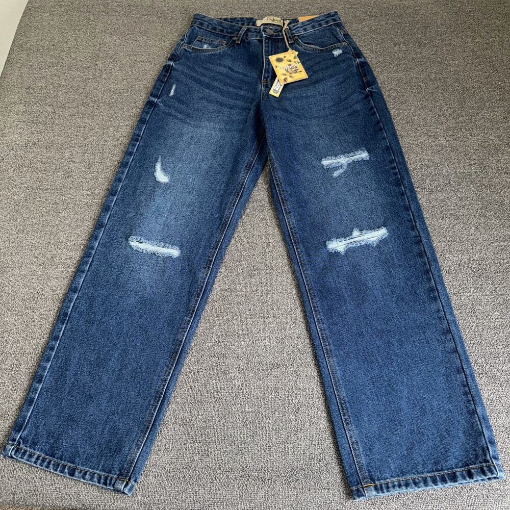 Hybrid Ripped Jeans Women 5 Blue Denim Dark Wash Pockets Straight Leg Streetwear
